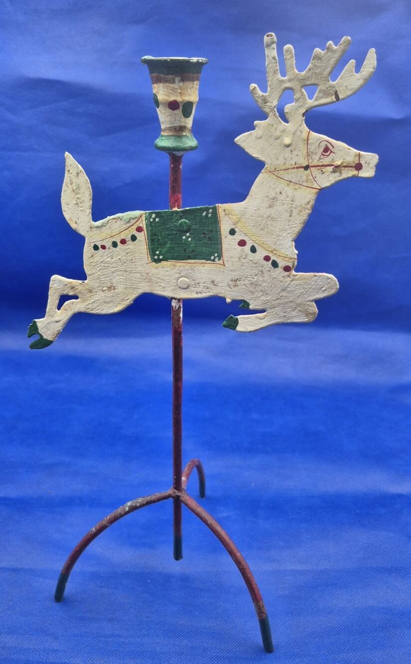 Vintage Folk Art Handpainted Metal Leaping Reindeer Candlestick Holder 15" Tall